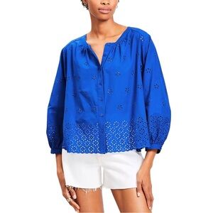 LOFT Eyelet Blouson Sleeve Button Up Cotton Blouse Royal Blue XL